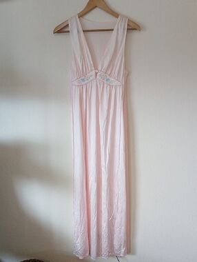 Vintage 70s Lorraine Pink Satin Maxi Slip Nightgown Sleeveless